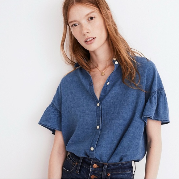Madewell Central Ruffle-Sleeve Shirt in Indigo - Picture 3 of 7